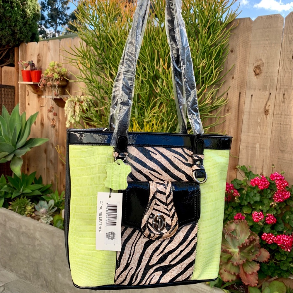 MADI CLAIRE LIME/ZEBRA LEATHER TOTE HANDBAG NWT